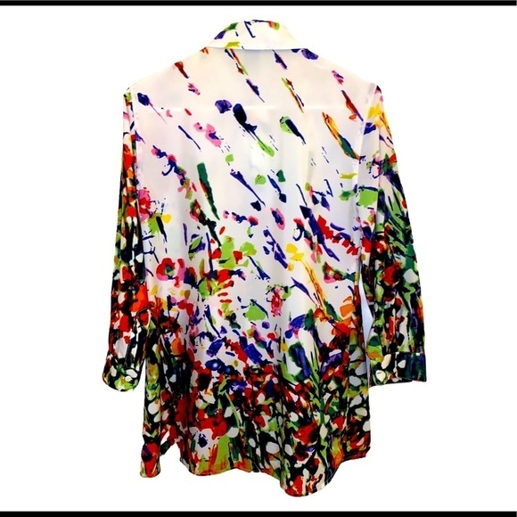 CHELSEA & THEODORE White Multicolor Abstract Ruffle Blouse Size M - Picture 7 of 7